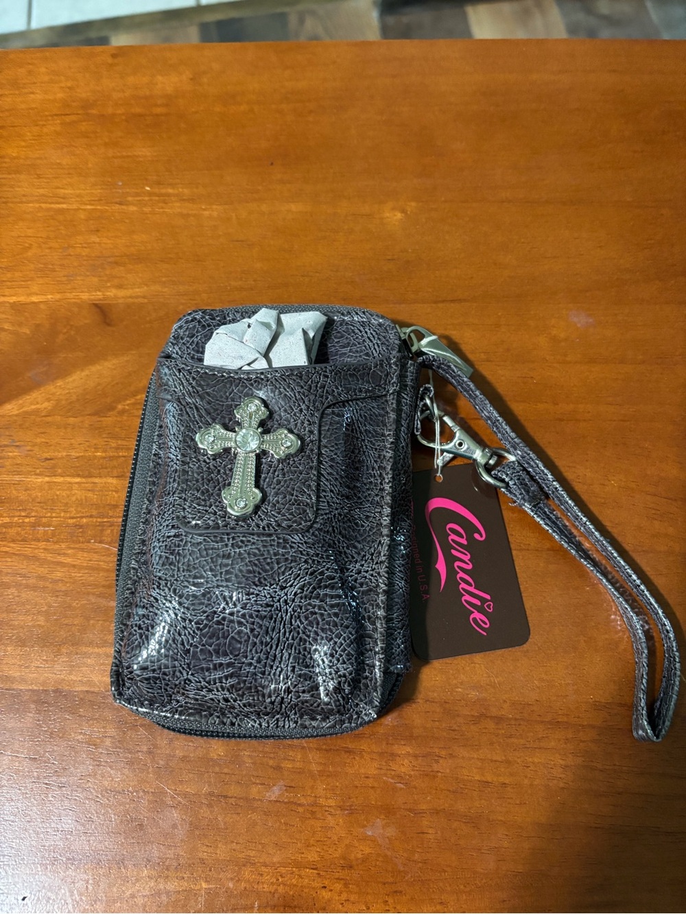 Candie's Black Glossy Cross Wristlet Phone Pouch